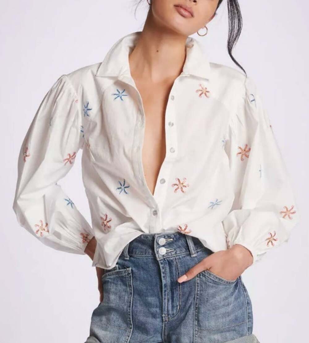 Maeve Anthropologie White Sequin Star Embroidered Puff Sleeve Button Shirt M